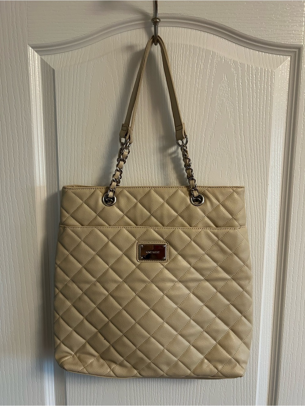 Nine West Quilted Cream Tote with Chain-Strap Accents